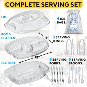 Premium Chilled Serving Tray for Parties - 15" Ice Chilled Party Platter w/Lid & Dip Holder - Functional Cold Dish w/ 4 Compartments - Perfect for Fruits, Veggies, Shrimp Cocktail - Keeps Food Cool