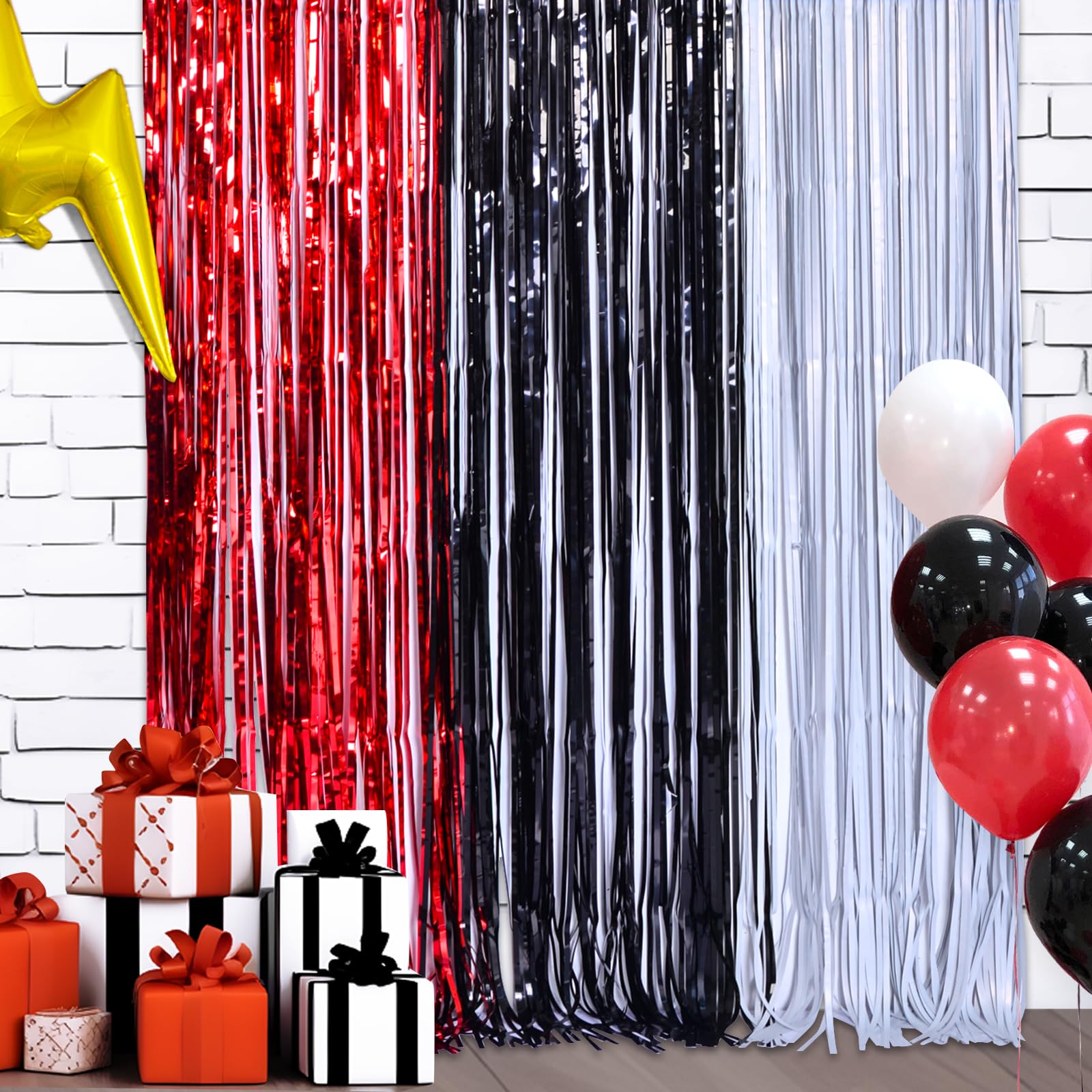 Maga-L Cartoon Monster Birthday Party Supplies,2 Pack Red Black and White Foil Fringe Curtains, Animation Themed Photo Booth Prop, Photo Backdrop, Streamers for Kids Cartoon Birthday Party Decorations