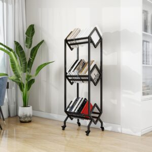 VENNQD Bookshelf Book Cart Rack Industrial Metal Bookcase 3 Tier Holder with Wheels Modern Stylish Design Magazines Files Album Recipe Book Storage Organizer for Sofa End Bed Beside (3 Tier)