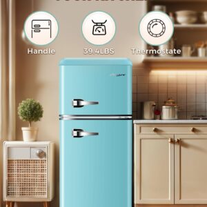 Anypro 3.2 Cu.Ft Compact Refrigerator, Mini Fridge with Freezer, Retro Double Door Small Fridge, 7 AdjustableTemperature Settings, Removable Shelves, Small Refrigerator for Dorm, Office, Bedroom, Blue