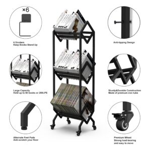 VENNQD Bookshelf Book Cart Rack Industrial Metal Bookcase 3 Tier Holder with Wheels Modern Stylish Design Magazines Files Album Recipe Book Storage Organizer for Sofa End Bed Beside (3 Tier)