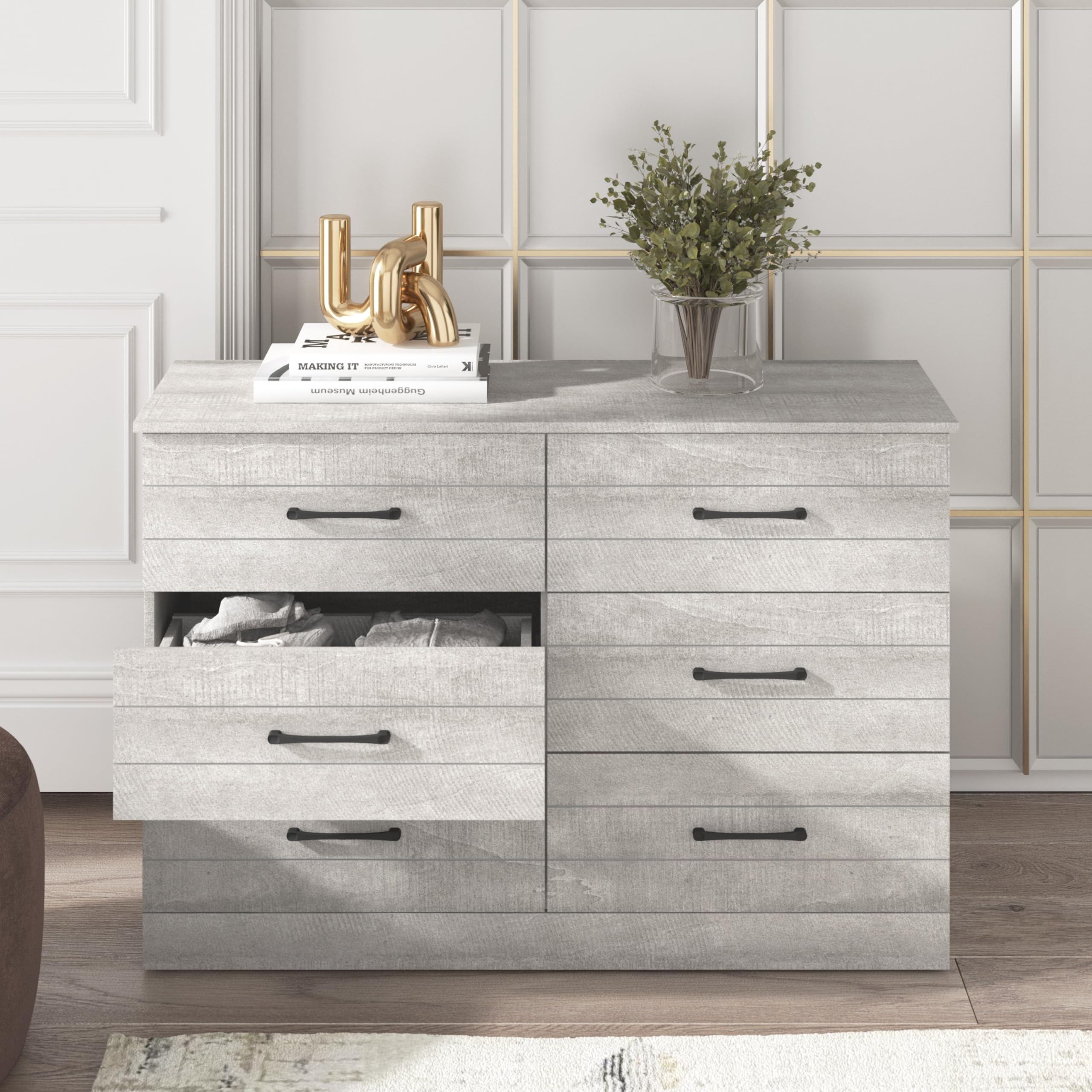 Galano Elis Wooden 6 Drawer Dresser for Bedroom with Interlock, Modern Storage Chest Dresser for Nursery and Children, Wide Closet for Kids Room, 47.2" W x 15.8" D x 31.5" H, Dusty Grey Oak