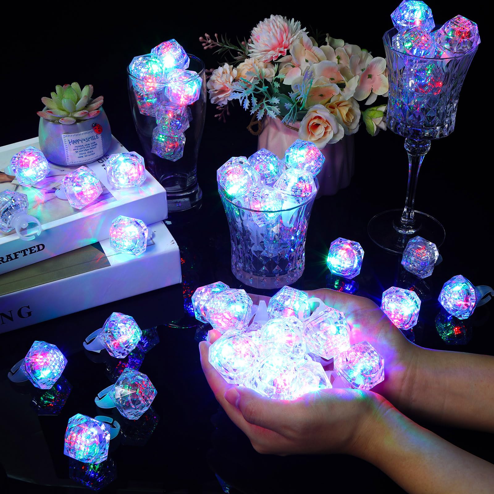 Hicarer 96 Pcs LED Light up Rings Flashing Diamond Rings Glow in The Dark Bachelorette Rings Bulk Finger Rings Toys for Birthday Weddings Bridal Shower Decorations Party Favors Supplies Boy Girl Gifts