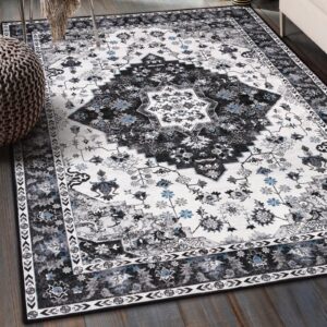 amearea vintage design area rugs for living room, 4x6 machine washable floral collection traditional bedroom rug, low pile cute kids room print carpet, no slip office kitchen home decor, black