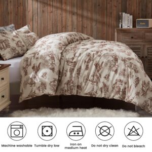 BISELINA Vintage Linen Duvet Cover Set Landscape Printed Pattern 3pcs (1 Comforter Cover, 2 Pillow Shams)- Natural Flax Cotton Blend Reversible Breathable Retro Country Bedding - Coffee, Queen