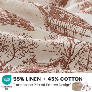 BISELINA Vintage Linen Duvet Cover Set Landscape Printed Pattern 3pcs (1 Comforter Cover, 2 Pillow Shams)- Natural Flax Cotton Blend Reversible Breathable Retro Country Bedding - Coffee, Queen