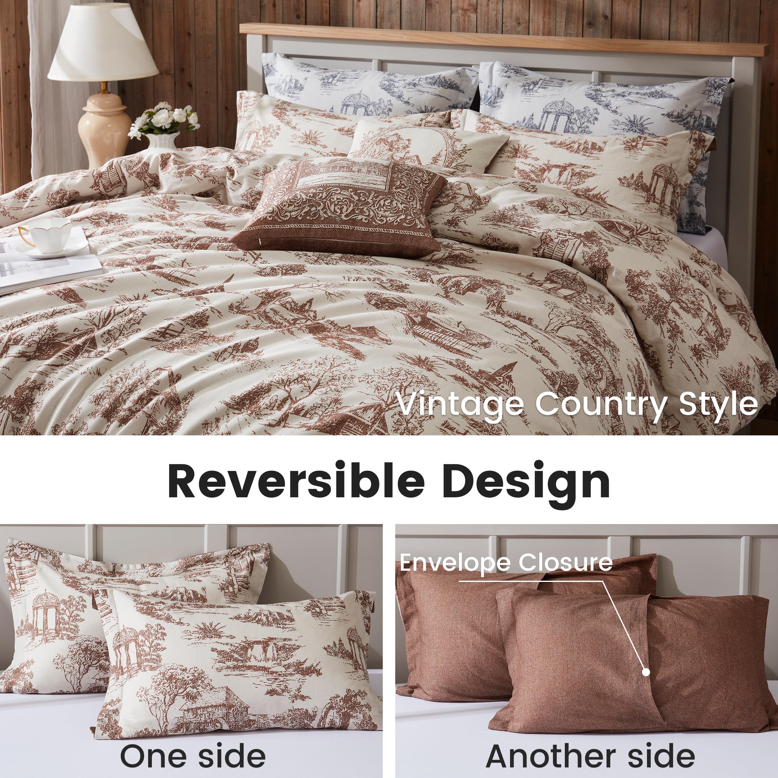 BISELINA Vintage Linen Duvet Cover Set Landscape Printed Pattern 3pcs (1 Comforter Cover, 2 Pillow Shams)- Natural Flax Cotton Blend Reversible Breathable Retro Country Bedding - Coffee, Queen