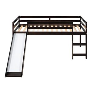 LostCat Twin Loft Bed with Slide, Low Loft Bed with Stairs and Chalkboard, Wood Twin Bed Frame for Kids with Slide, Space-Saving Wooden Child Bed Frame for Boys or Girls, Espresso