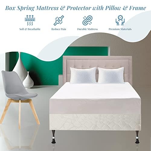 Nutan Pillow Top Mattress, Box Spring, Bed Frame, Bedbug Protector, and Pillow Set, Medium Firm Double Sided Mattresses Comfy Head Pillows, Waterproof Covering, Durable Support, Leg Support, Full XL