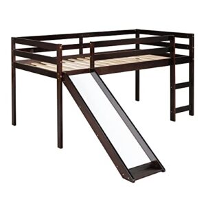 LostCat Twin Loft Bed with Slide, Low Loft Bed with Stairs and Chalkboard, Wood Twin Bed Frame for Kids with Slide, Space-Saving Wooden Child Bed Frame for Boys or Girls, Espresso