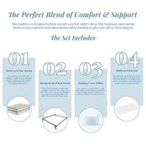 Nutan Pillow Top Mattress, Box Spring, Bed Frame, Bedbug Protector, and Pillow Set, Medium Firm Double Sided Mattresses Comfy Head Pillows, Waterproof Covering, Durable Support, Leg Support, Full XL