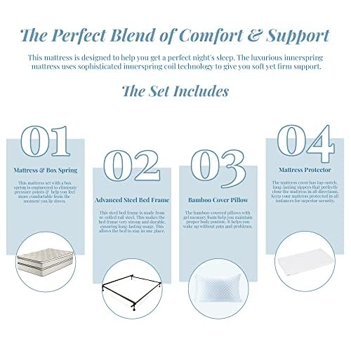 Nutan Pillow Top Mattress, Box Spring, Bed Frame, Bedbug Protector, and Pillow Set, Medium Firm Double Sided Mattresses Comfy Head Pillows, Waterproof Covering, Durable Support, Leg Support, Full XL