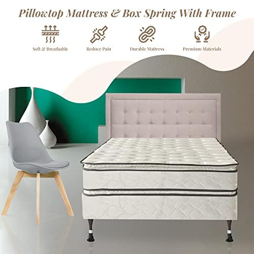 Nutan 1-inch Pillow Top Foam Mattress, Box Spring, and Bed Frame Set, Medium Firm Double Sided Mattresses, Durable Support System, Heavy-Duty Double Riveted Steel Leg Support, Twin