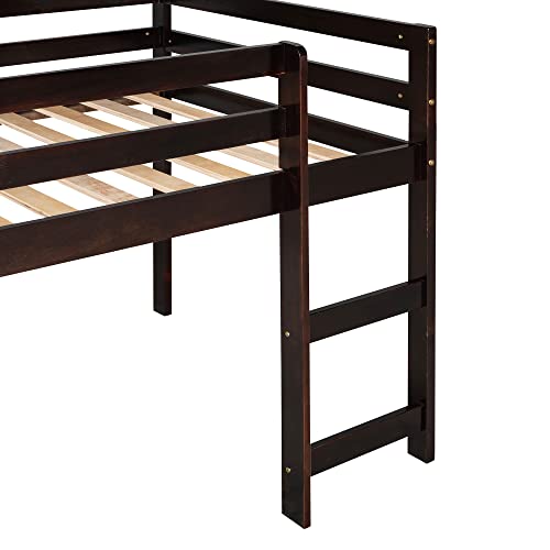 LostCat Twin Loft Bed with Slide, Low Loft Bed with Stairs and Chalkboard, Wood Twin Bed Frame for Kids with Slide, Space-Saving Wooden Child Bed Frame for Boys or Girls, Espresso