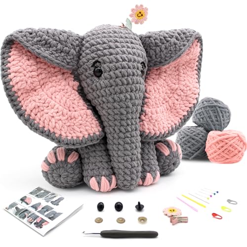 CODGP Crochet Kit for Beginners,13in Crochet Animal Kit Elephant,Crochet Starter Kit Gift for Adults Kids with Yarn Sets,Amigurumi Crochet Kits with Step-by-Step Video Tutorials