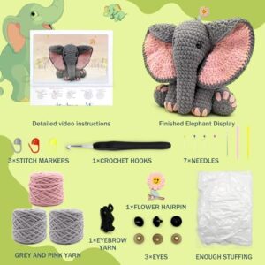 CODGP Crochet Kit for Beginners,13in Crochet Animal Kit Elephant,Crochet Starter Kit Gift for Adults Kids with Yarn Sets,Amigurumi Crochet Kits with Step-by-Step Video Tutorials