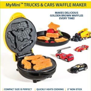 Nostalgia MyMini Cars and Trucks Shape Electric Waffle Maker, 5-Inch Non-Stick Griddle for Waffles, Hash Browns, Eggs, and More, Yellow