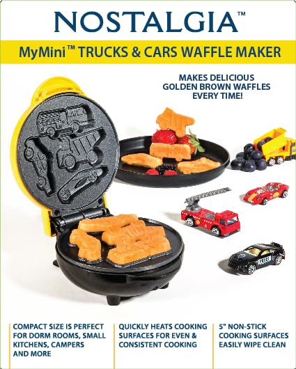 Nostalgia MyMini Cars and Trucks Shape Electric Waffle Maker, 5-Inch Non-Stick Griddle for Waffles, Hash Browns, Eggs, and More, Yellow