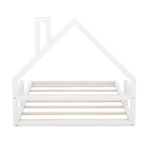 LostCat Full Size Floor Bed Frame with House Shaped Headboard, Wood Montessori Floor Bed for Kids Girls Boys,No Box Spring Needed/Easy Assembly,White