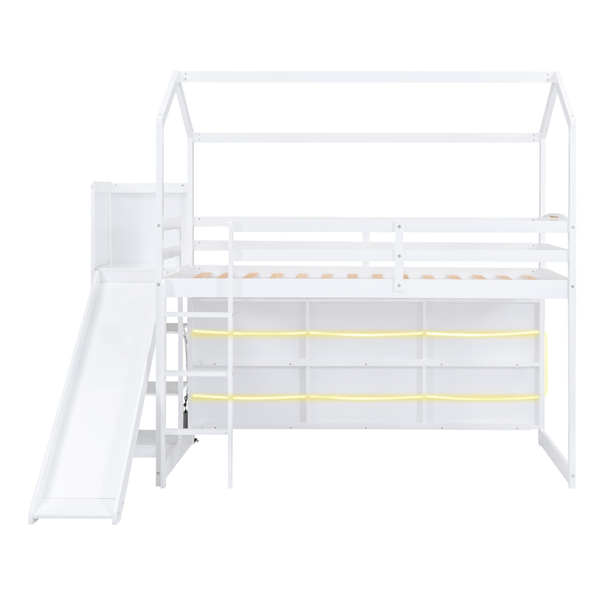 Harper & Bright Designs Kids Twin House Loft Bed with Slide, Storage Shelves and LED Light, Wood Twin Low Loft Bed with Guardrail and Ladder, Twin Playhouse Bed for Kids Teens Boys & Girls, White