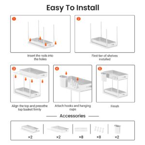 POJORY 2 Pack Double Sliding Under Sink Organizers and Storage,2-Tier Pull Out Under Sink Organizer with Hooks and Hanging Cup,Multi-Purpose Cabinet Organizer for Bathroom Kitchen, White