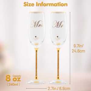 DUJUST Crystal Glass Wedding Champagne Flutes, Mr & Mrs Champagne Glasses with Handcrafted Gold Rim & 24K Gold Leaf Flakes, Square Bride and Groom Champagne Flutes, Valentine's Day Gift, Gift Package