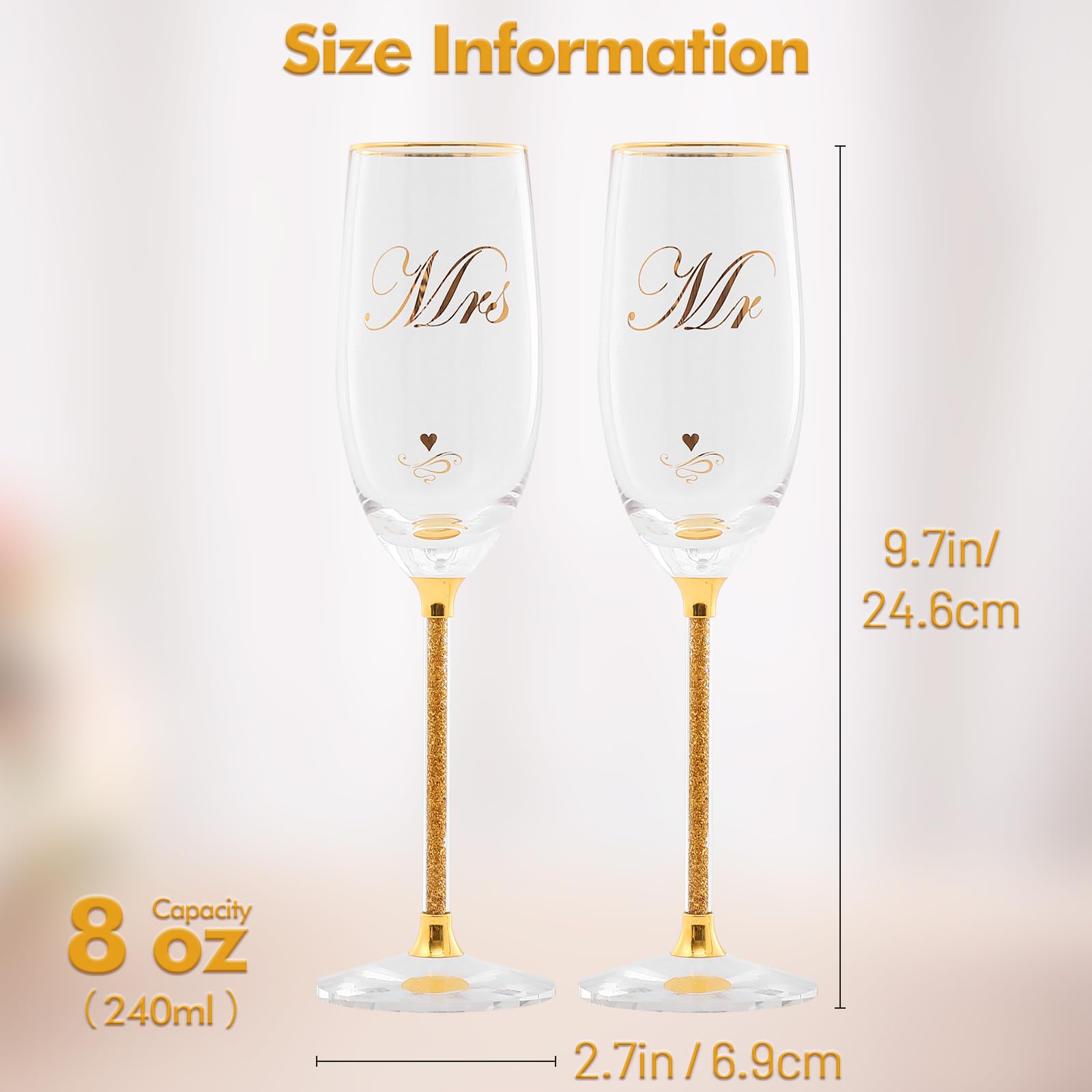 DUJUST Crystal Glass Wedding Champagne Flutes, Mr & Mrs Champagne Glasses with Handcrafted Gold Rim & 24K Gold Leaf Flakes, Square Bride and Groom Champagne Flutes, Valentine's Day Gift, Gift Package