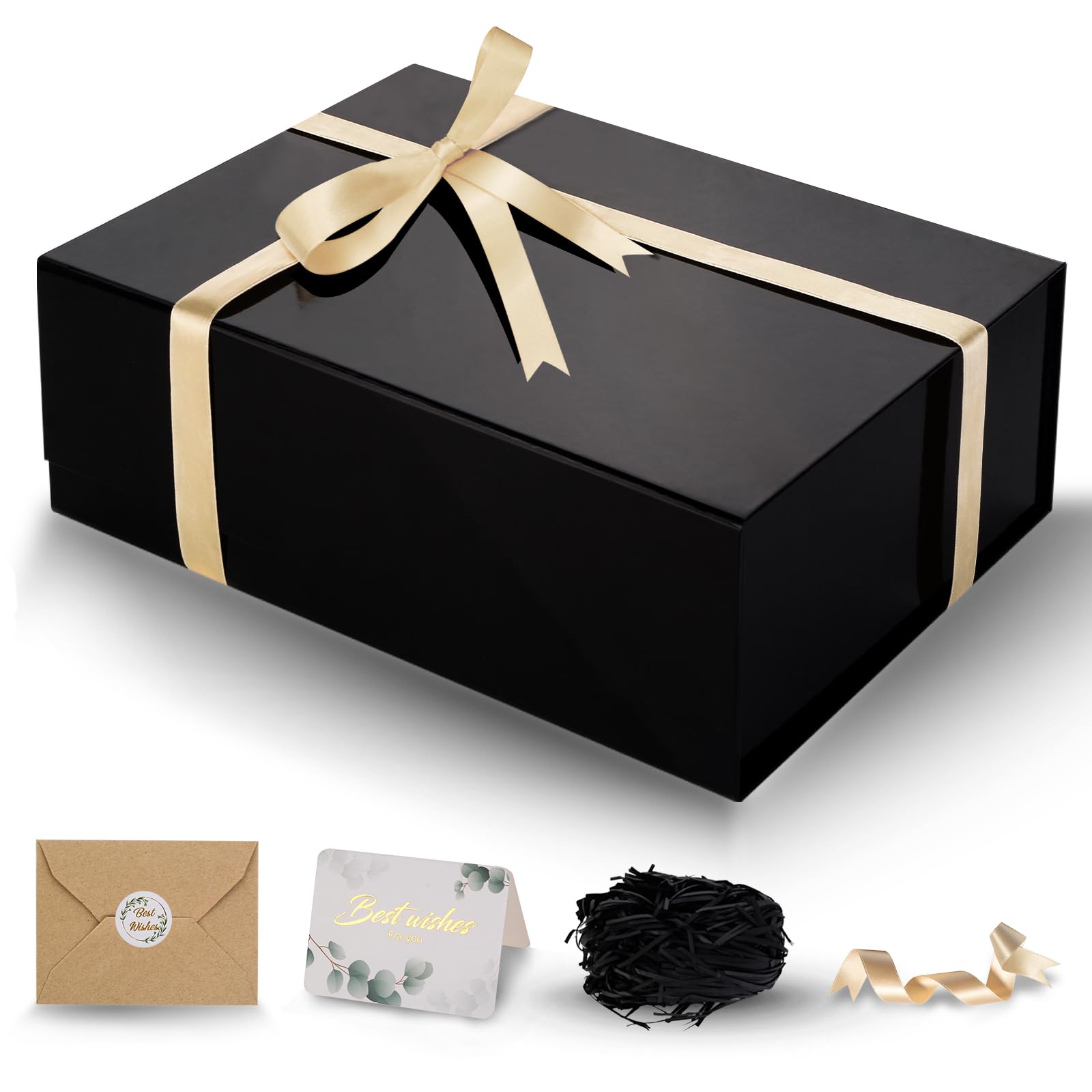 DUOTAN Large Gift Box with Lid, 13.5 x 10 x 3.5 Inch Black Magnetic Gift Box for Presents with Card, Ribbon, Filler, Collapsible Boxes of Paper for Birthday, Wedding, Christmas (Glossy)