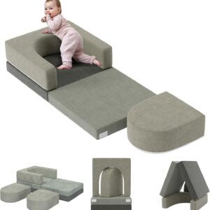 Pelnuies Modular Kids Play Couch, 3 PCS Play Couch for Toddlers 1-3, Comfy Toddler Couch for Playing, Creativing, Sleeping, Convertible Baby Sofa Bed for Boys and Girls, Gray