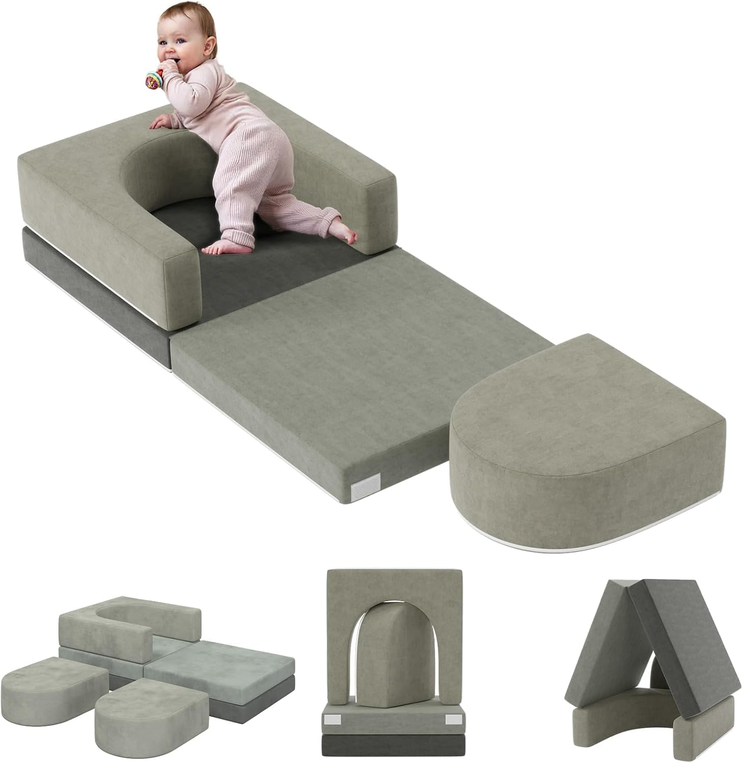 Pelnuies Modular Kids Play Couch, 3 PCS Play Couch for Toddlers 1-3, Comfy Toddler Couch for Playing, Creativing, Sleeping, Convertible Baby Sofa Bed for Boys and Girls, Gray