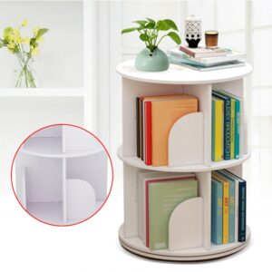 Bacacoo 2 Layers 360° Rotating Bookshelves, Freestanding Storage Shelf, Open Bookcase Nordic Style Bookshelf Organizer Storage Shelves Shelf Capacity 100k Place Books Small Potted Decorations (White)