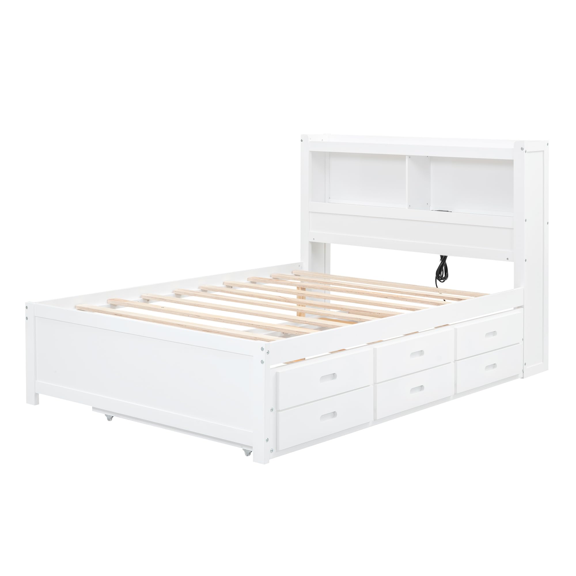 Harper & Bright Designs Full Platform Bed with Twin Size Trundle,Bookcase Headboard,Charging Station and 3 Drawers,Wood Full Storage Bed Frame for Kids,Teens,Adults,No Box Spring Needed (White)