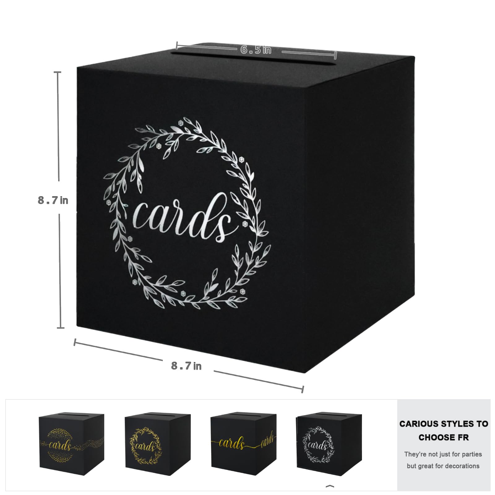 QIKSION Black Gift Card Box with Silver Foil Design, Cards Receiving Box for Birthdays Party, Bridal & Baby Showers, Wedding Receptions, Graduations, Retirements, Anniversaries