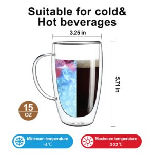 Aurzen 2 Pack Double Walled Glass Coffee Mugs with Handles, Large Insulated Layer Coffee Cups, 15oz Clear Borosilicate Mugs, Perfect for Cappuccino, Tea, Microwave Safe