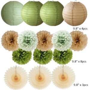 Olive Green and Brown Party Decorations Sage Green Paper Lanterns Champagne Tissue Paper Pom Poms Beige Paper Fans Kit for Birthday Bridal Shower Wedding Olive Green and Brown Baby Shower Decorations