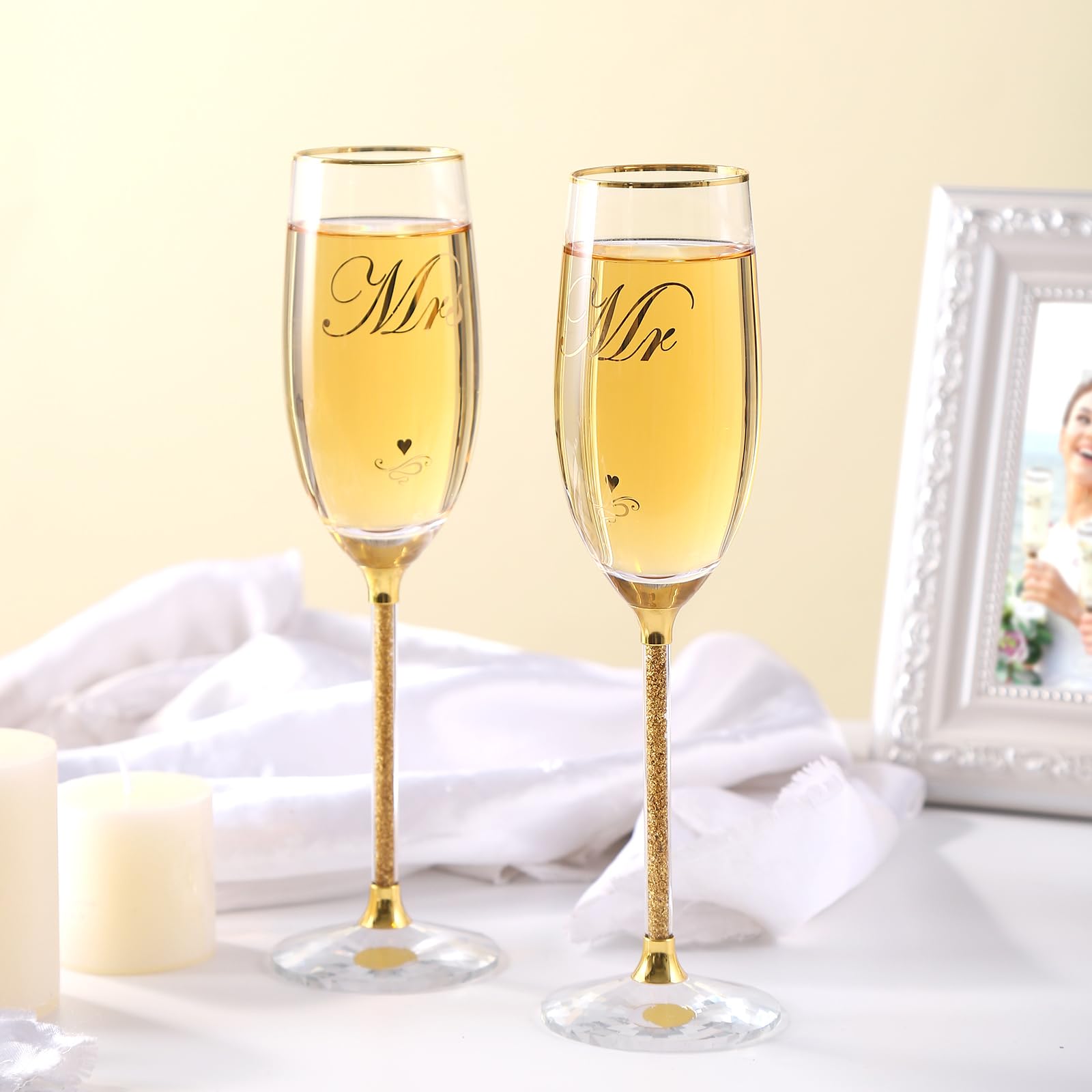 DUJUST Crystal Glass Wedding Champagne Flutes, Mr & Mrs Champagne Glasses with Handcrafted Gold Rim & 24K Gold Leaf Flakes, Square Bride and Groom Champagne Flutes, Valentine's Day Gift, Gift Package