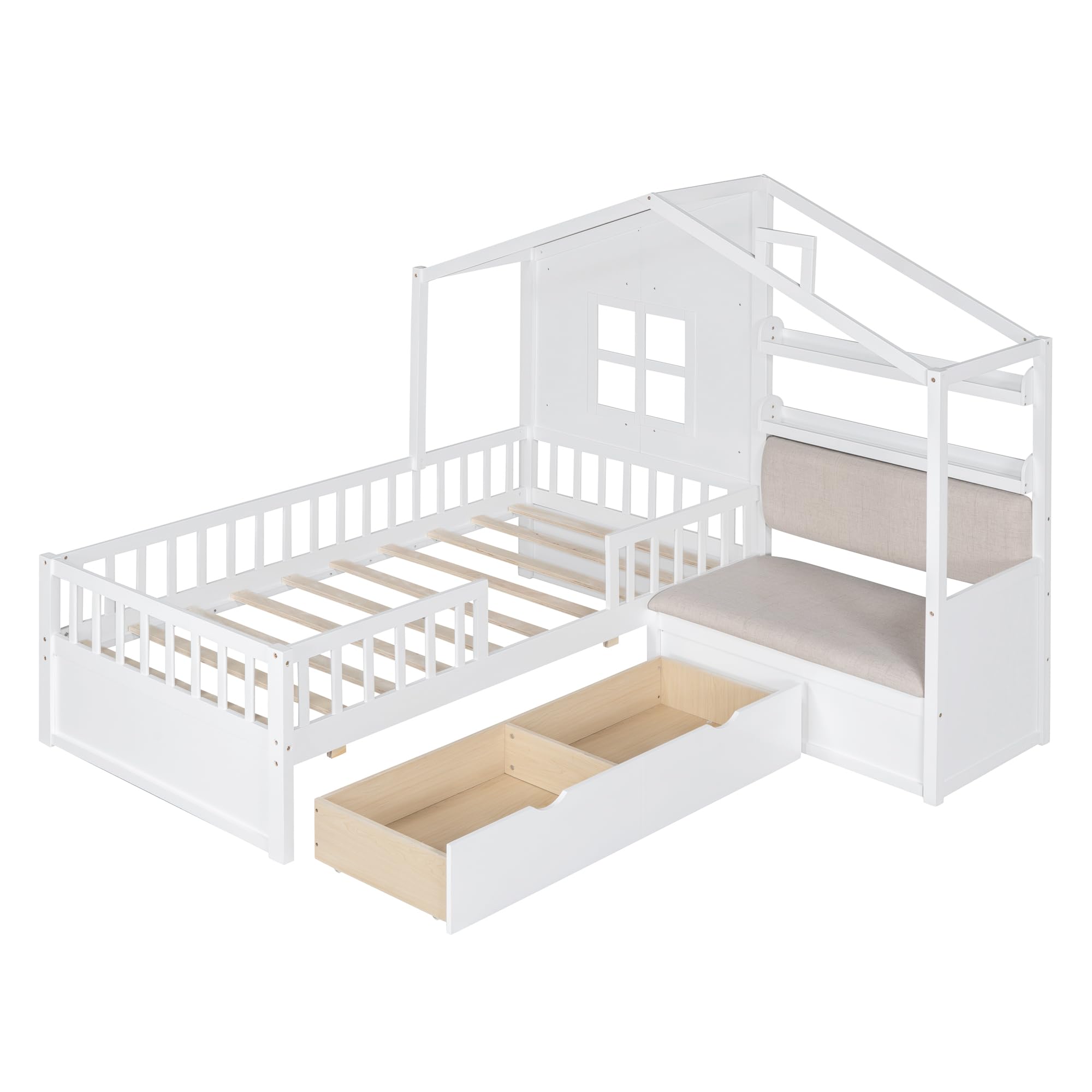 Twin Size House Bed Frame for Boys Girls Kids Adults Toddler with Sofa, Kids Platform Bed with Two Drawers and Storage Shelf, White