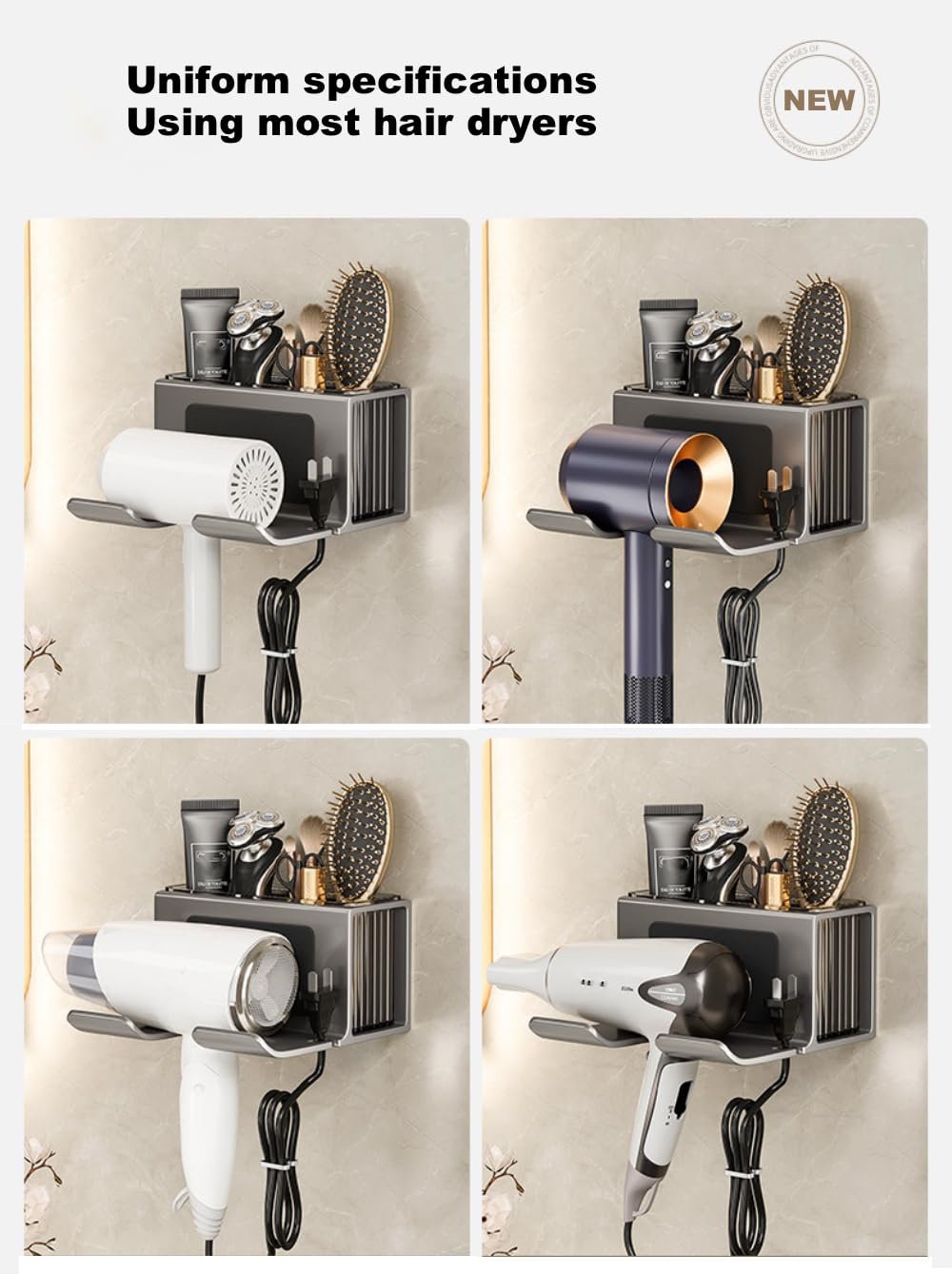 Hair Dryer Holder Wall Mounted, with Individually Removable and Washable Organizer Box, Aluminum Blow Dryer Holder Weight Capacity 10 kg (22 lbs), for Bathroom, Salon, Bedroom Organizers & Storage