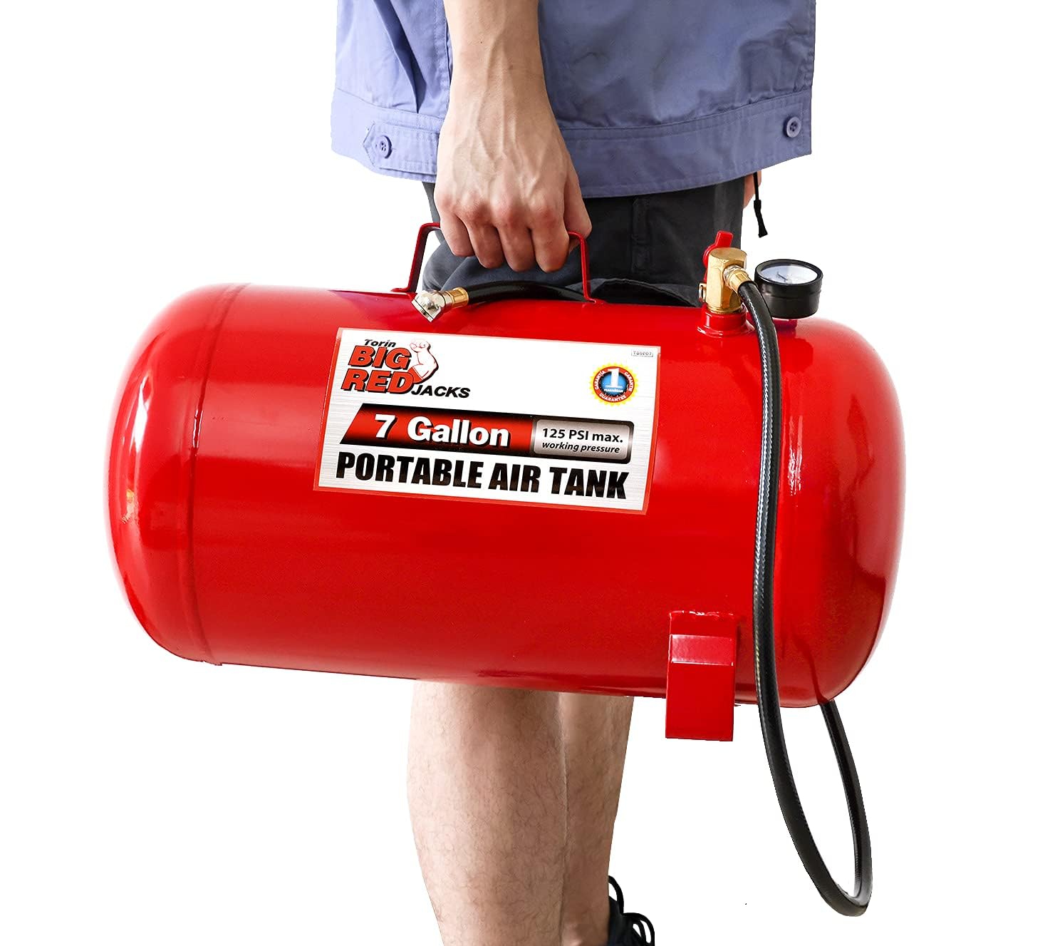 BIG RED T88007-1 Torin Horizontal Portable Air Storage Tank with 36 "Hose and Pressure Gauge, Capacity 7 Gallons, Red