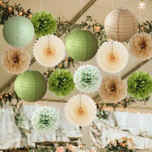 Olive Green and Brown Party Decorations Sage Green Paper Lanterns Champagne Tissue Paper Pom Poms Beige Paper Fans Kit for Birthday Bridal Shower Wedding Olive Green and Brown Baby Shower Decorations