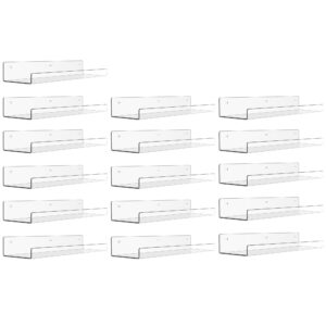 upsimples 16 pack acrylic shelves for wall storage, 15" floating bookshelves for kids, display shelf organizer for bathroom, bedroom, living room, kitchen, room decor, clear