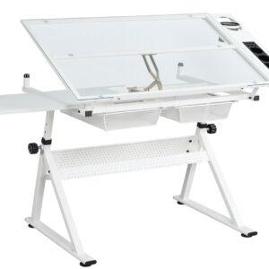 Tzou Drafting Printing Table with Chair 0-75° 31.5"-49.5" Adjustable Height Tempered Glass Drawing Table for Office School Artists Architects White