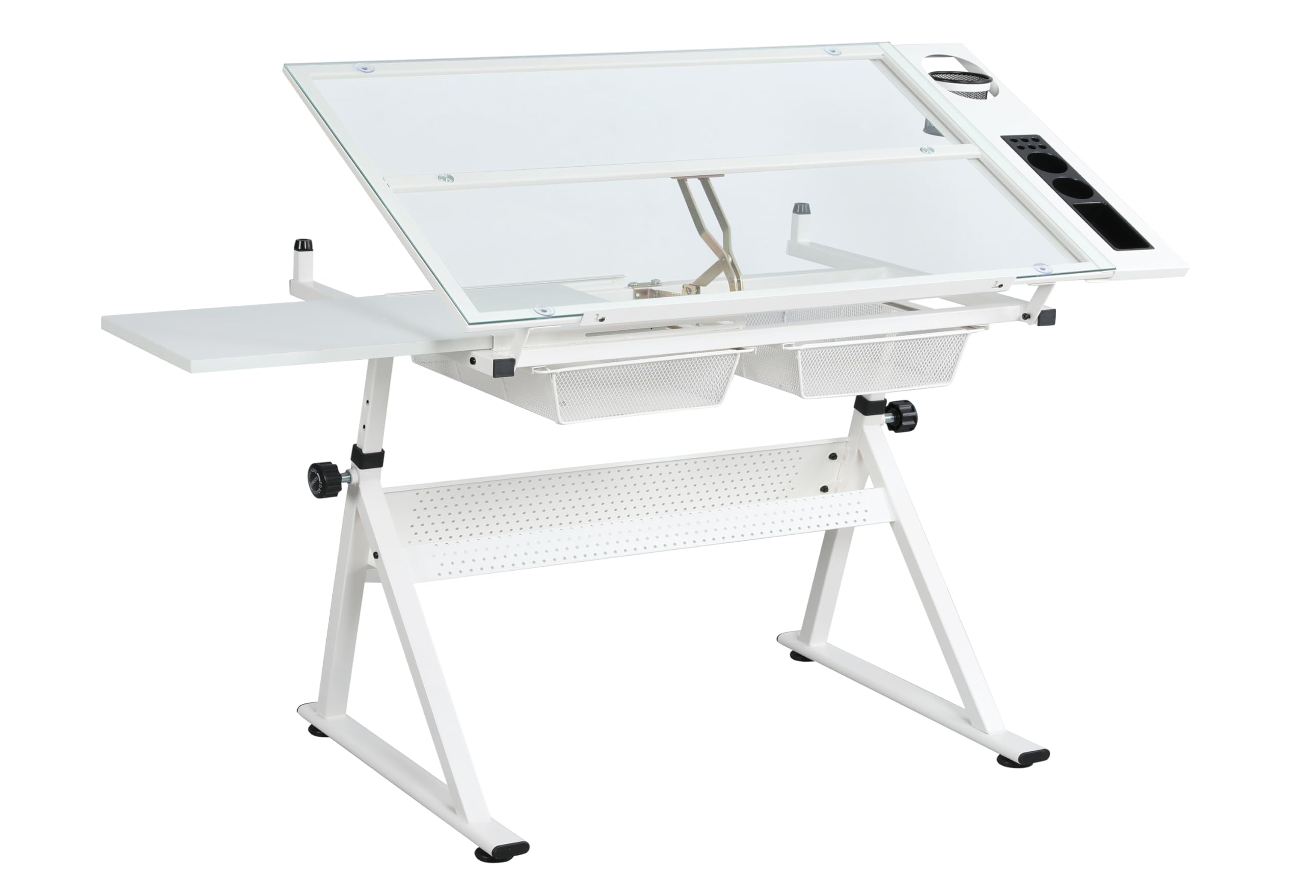 Tzou Drafting Printing Table with Chair 0-75° 31.5"-49.5" Adjustable Height Tempered Glass Drawing Table for Office School Artists Architects White