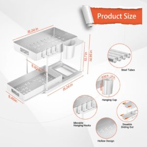 POJORY 2 Pack Double Sliding Under Sink Organizers and Storage,2-Tier Pull Out Under Sink Organizer with Hooks and Hanging Cup,Multi-Purpose Cabinet Organizer for Bathroom Kitchen, White