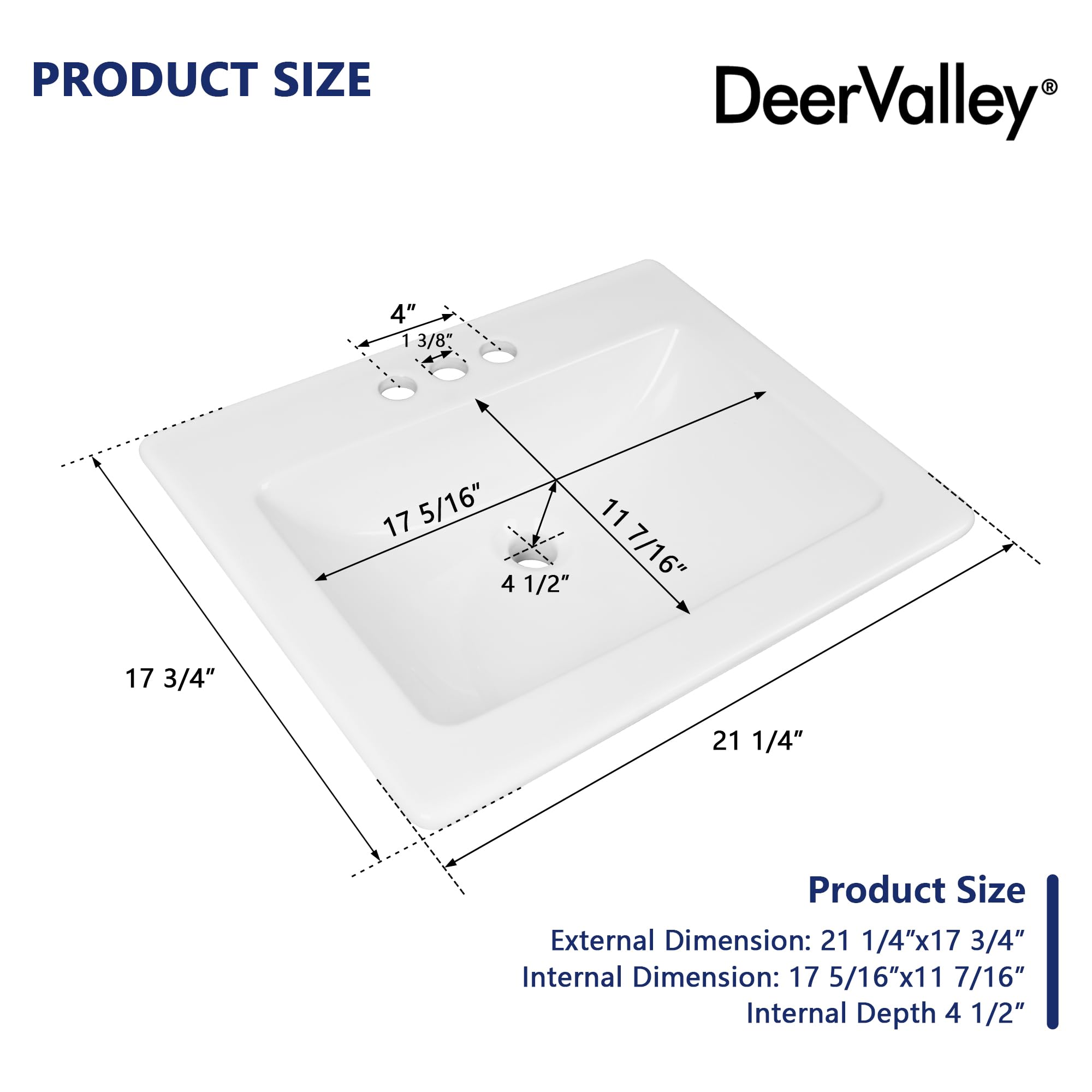 Bathroom Vessel Sink, DeerValley, 21”x18”Rectangular Drop-in Sink for Bathroom Ceramic Vessel Sink White Bathroom Sink Under Counter Modern Art Basin with Overflow and Three Faucet Holes, DV-1DS0122