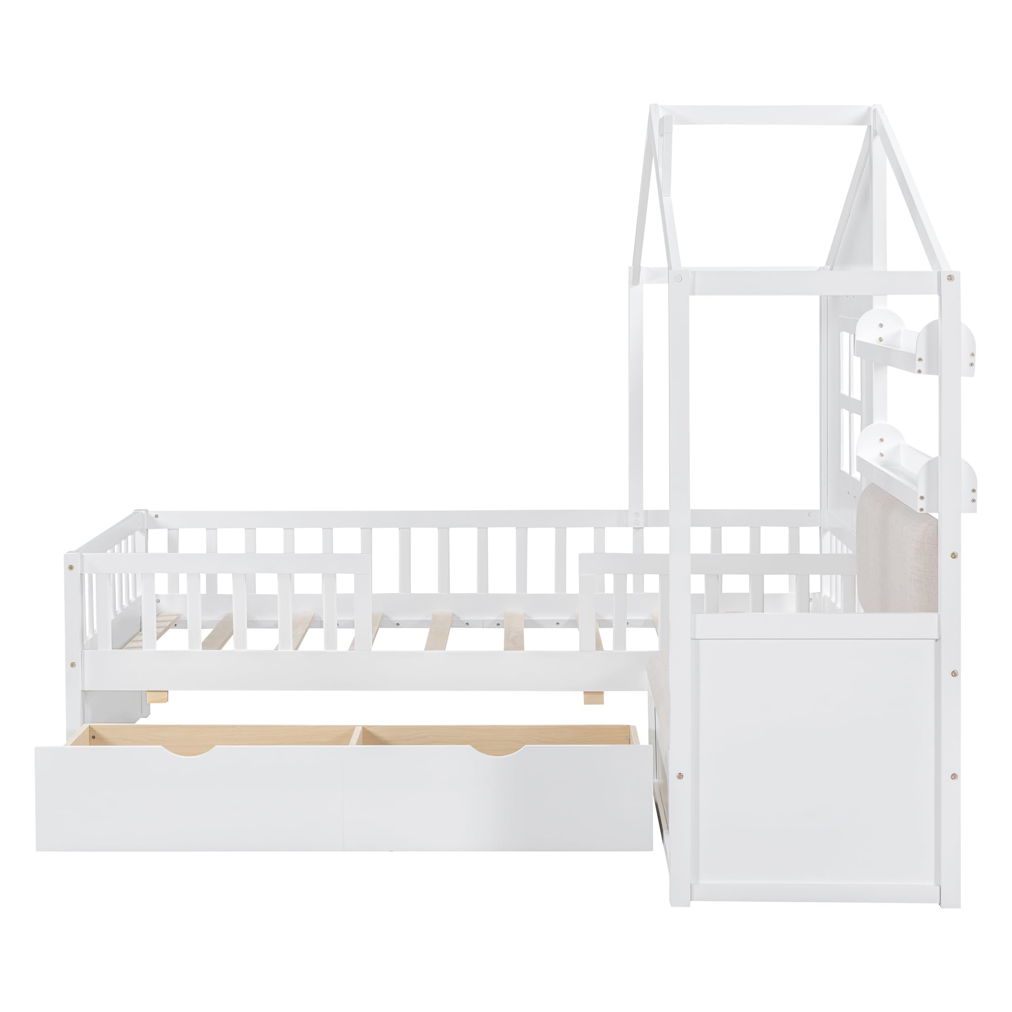 Twin Size House Bed Frame for Boys Girls Kids Adults Toddler with Sofa, Kids Platform Bed with Two Drawers and Storage Shelf, White