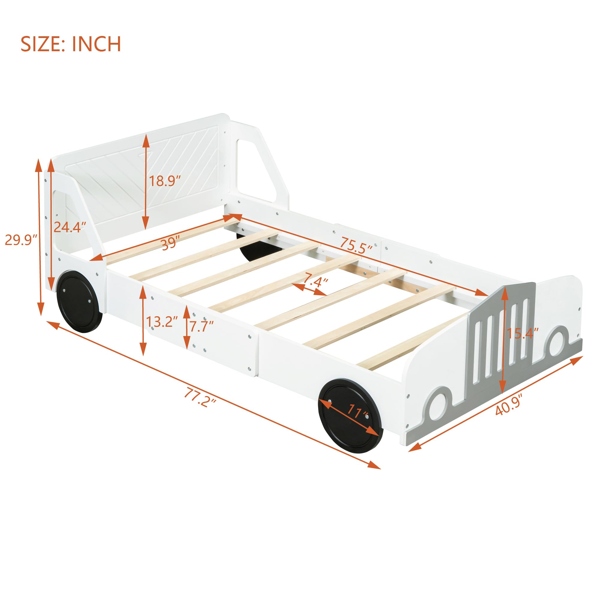 Linique Twin Car Bed,Wooden Twin Size Car-Shaped Platform Bed Frame with Wheels,White