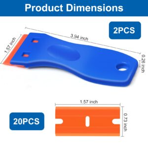 Plastic Razor Blade Scraper Tool, 2 Pcs Razor Scraper with 20 Pcs Plastic Blades, Cleaning Scraper Remover for Removal Floor Stove Scraping Labels and Decals Sticker on Car Window Glass