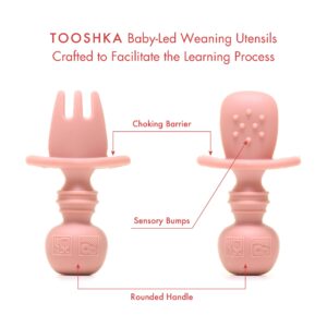 Tooshka Baby Utensil Set (6 pcs) - Self Feeding Spoons - Silicone & BPA Free - Baby-Led Weaning (BLW) Supplies - Ages 6+ Months - Set of 6 - Brown, Green, & Pink