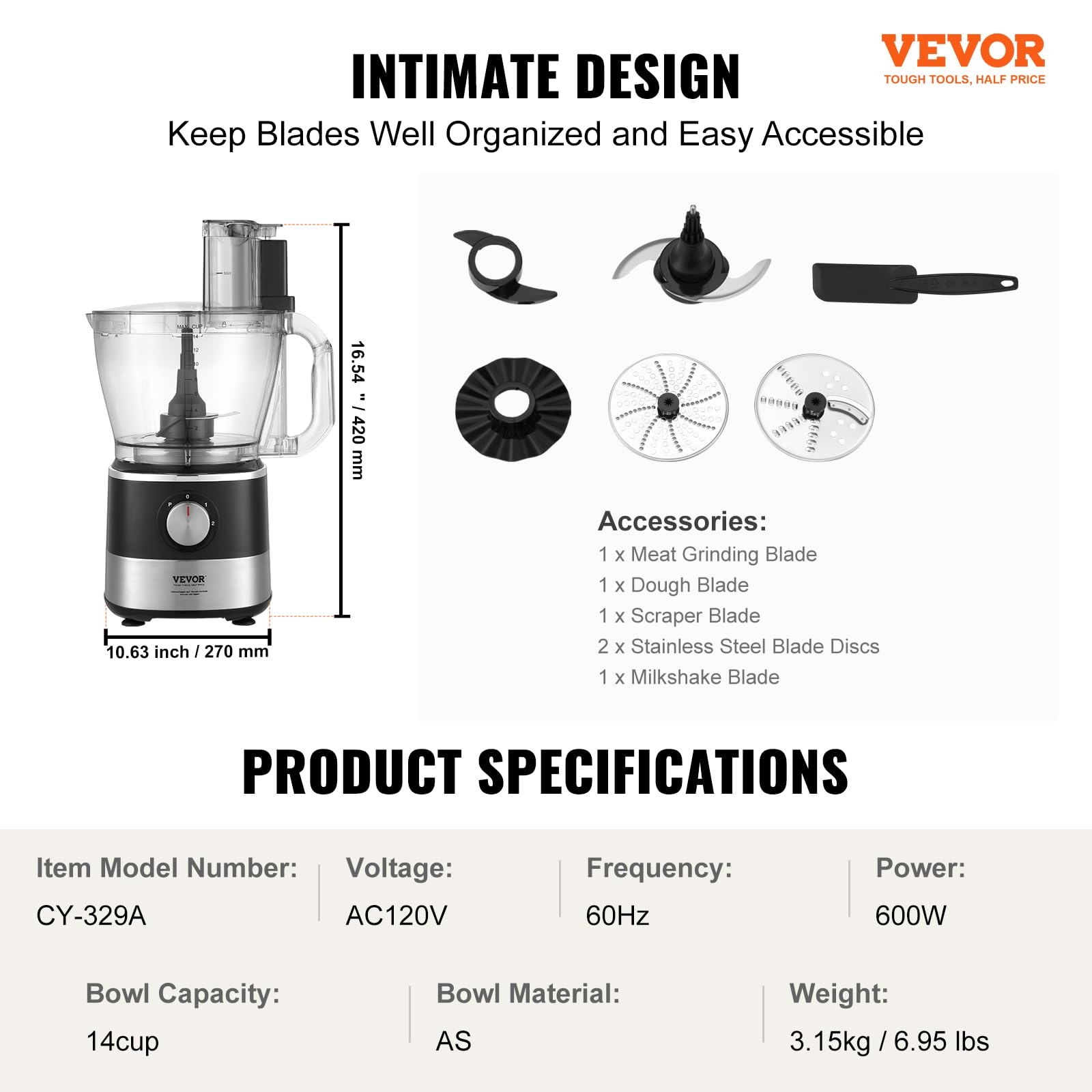 VEVOR Food Processor, 16 Cup Large Vegetable Chopper 600 Watts 2 Speed & Pulse Electric Meat Chopper, 2 In 1 Big Feed Chute & Pusher 5Pcs Blade & Dics for Mixing, Slicing, and Kneading Dough